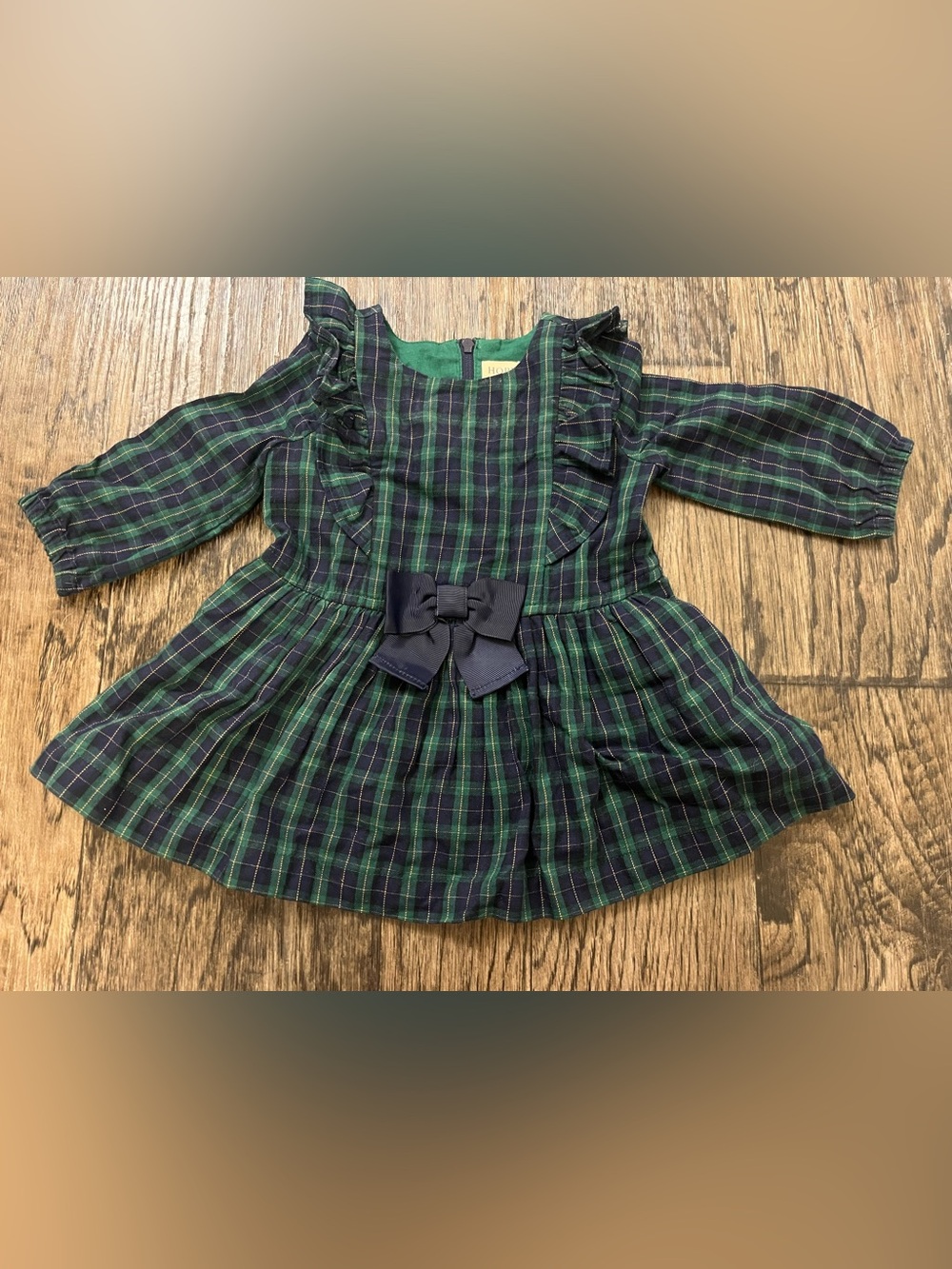 Plaid Ruffle Bow Holiday Dress for Girls in Green & Navy